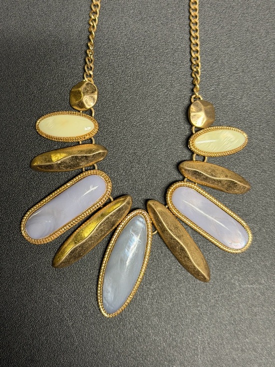 Jewelry - Gold-Tone Necklace with Pale Blue and Cream Stone Accents
